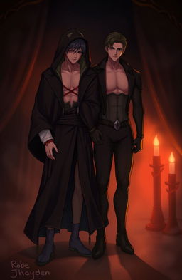 A romantic and intriguing scene centered around two characters named Robe and Jhayden, surrounded by a mysterious and moody atmosphere