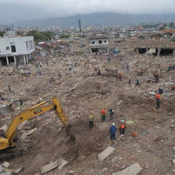 Post-tsunami scene in the devastated city. Rescuers and survivors are seen digging through the rubble, searching for any signs of hope amidst the widespread destruction