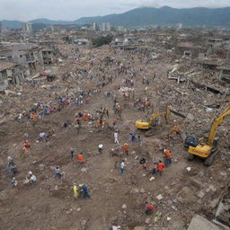 Post-tsunami scene in the devastated city. Rescuers and survivors are seen digging through the rubble, searching for any signs of hope amidst the widespread destruction