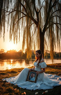 A serene scene featuring a majestic Weeping Willow tree standing by a tranquil riverside during sunset