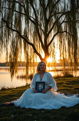 A serene scene featuring a majestic Weeping Willow tree standing by a tranquil riverside during sunset