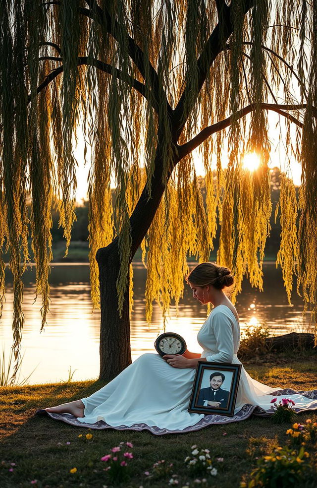 A serene scene featuring a majestic Weeping Willow tree standing by a tranquil riverside during sunset