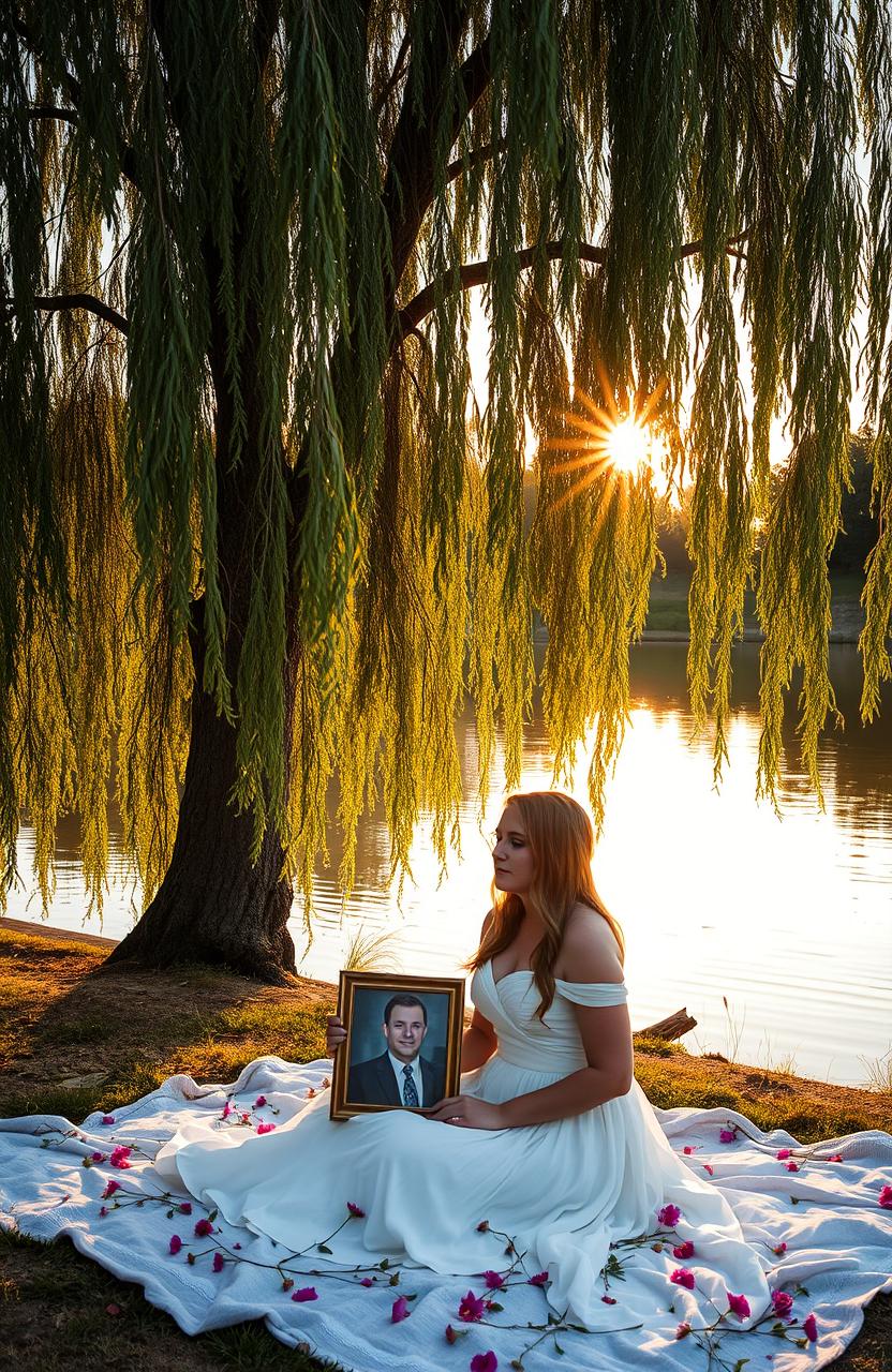 A serene scene featuring a majestic Weeping Willow tree standing by a tranquil riverside during sunset