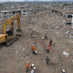 Post-tsunami scene in the devastated city. Rescuers and survivors are seen digging through the rubble, searching for any signs of hope amidst the widespread destruction