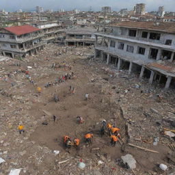 Post-tsunami scene in the devastated city. Rescuers and survivors are seen digging through the rubble, searching for any signs of hope amidst the widespread destruction