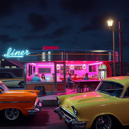 A vintage scene depicting a classic 1950s diner, with bright neon lights glowing against the night sky