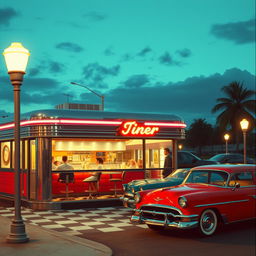 A vintage scene depicting a classic 1950s diner, with bright neon lights glowing against the night sky