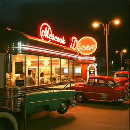 A vintage scene depicting a classic 1950s diner, with bright neon lights glowing against the night sky