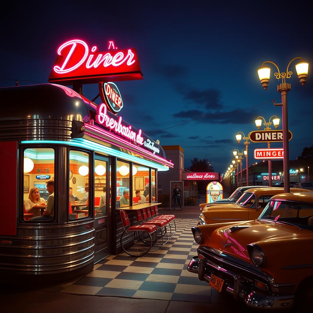 A vintage scene depicting a classic 1950s diner, with bright neon lights glowing against the night sky