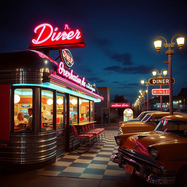 A vintage scene depicting a classic 1950s diner, with bright neon lights glowing against the night sky