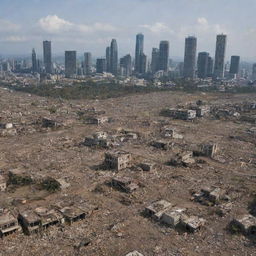 Aftermath of the tsunami, towering skyscrapers of the big city are now reduced to crumbling ruins. A panorama of a deeply scarred cityscape