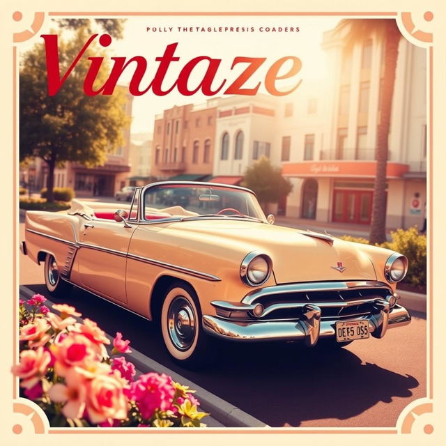 A vintage magazine cover featuring a classic car from the 1950s, parked on a picturesque street with colorful flowers in the foreground