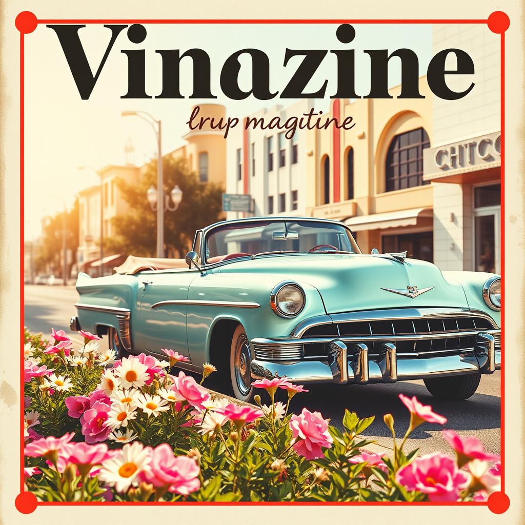 A vintage magazine cover featuring a classic car from the 1950s, parked on a picturesque street with colorful flowers in the foreground