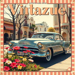 A vintage magazine cover featuring a classic car from the 1950s, parked on a picturesque street with colorful flowers in the foreground