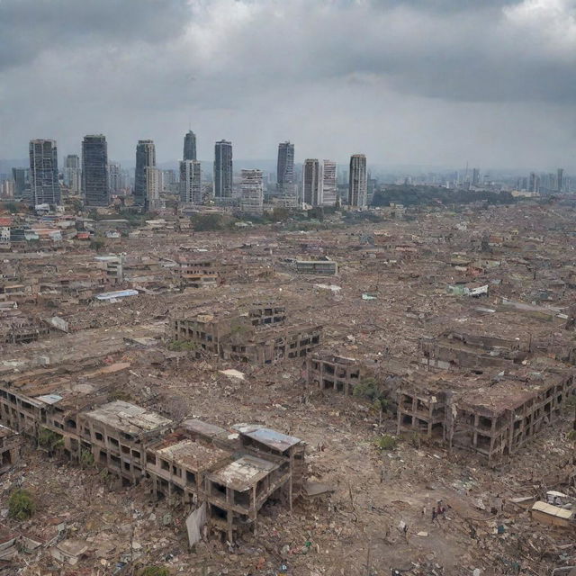 Aftermath of the tsunami, towering skyscrapers of the big city are now reduced to crumbling ruins. A panorama of a deeply scarred cityscape