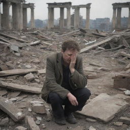 In the devastated city, a solitary man finds his mother's body amid the ruins. Overwhelmed by despair, he breaks down and cries in a poignant display of human grief