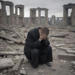 In the devastated city, a solitary man finds his mother's body amid the ruins. Overwhelmed by despair, he breaks down and cries in a poignant display of human grief