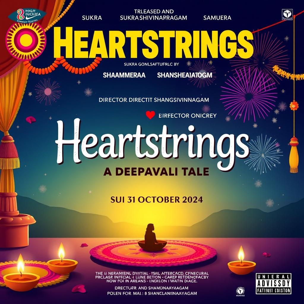 A captivating movie poster for the film titled "Heartstrings: A Deepavali Tale" illustrated in a vibrant and colorful style, incorporating elements of Indian celebration during Deepavali (Festival of Lights)