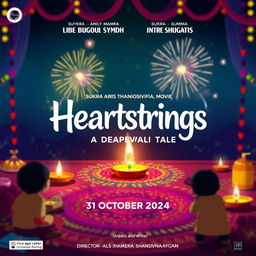 A captivating movie poster for the film titled "Heartstrings: A Deepavali Tale" illustrated in a vibrant and colorful style, incorporating elements of Indian celebration during Deepavali (Festival of Lights)