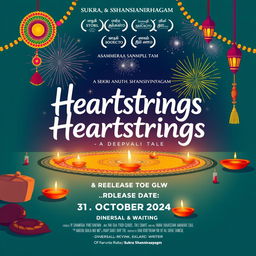A captivating movie poster for the film titled "Heartstrings: A Deepavali Tale" illustrated in a vibrant and colorful style, incorporating elements of Indian celebration during Deepavali (Festival of Lights)