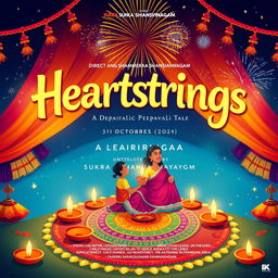 A captivating movie poster for the film titled "Heartstrings: A Deepavali Tale" illustrated in a vibrant and colorful style, incorporating elements of Indian celebration during Deepavali (Festival of Lights)