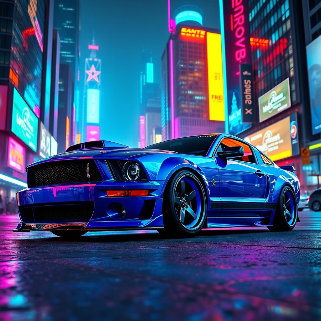 A stunning blue 2006 Ford Mustang featuring widebody fenders, an eye-catching front splitter, mismatched body panels, and a prominently displayed transmission cooler, set against a striking cyberpunk backdrop