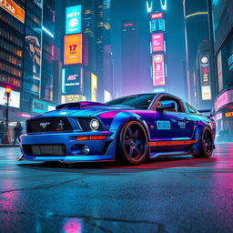 A stunning blue 2006 Ford Mustang featuring widebody fenders, an eye-catching front splitter, mismatched body panels, and a prominently displayed transmission cooler, set against a striking cyberpunk backdrop