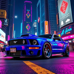 A stunning blue 2006 Ford Mustang featuring widebody fenders, an eye-catching front splitter, mismatched body panels, and a prominently displayed transmission cooler, set against a striking cyberpunk backdrop