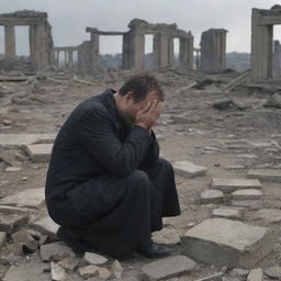 In the devastated city, a solitary man finds his mother's body amid the ruins. Overwhelmed by despair, he breaks down and cries in a poignant display of human grief