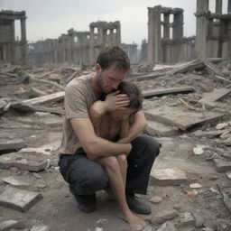 In the devastated city, a solitary man finds his mother's body amid the ruins. Overwhelmed by despair, he breaks down and cries in a poignant display of human grief