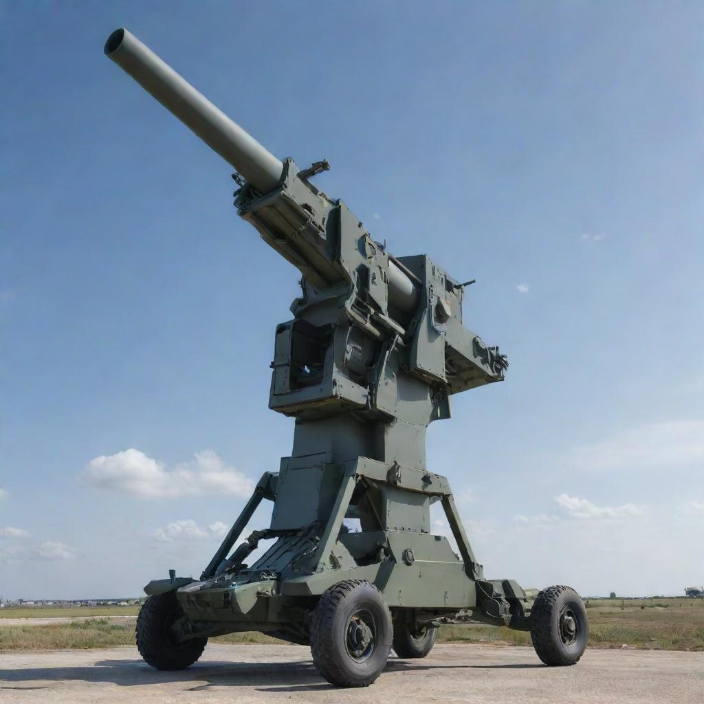 A formidable anti-aircraft weapon system, intricately detailed and standing ready against a backdrop of an open sky.