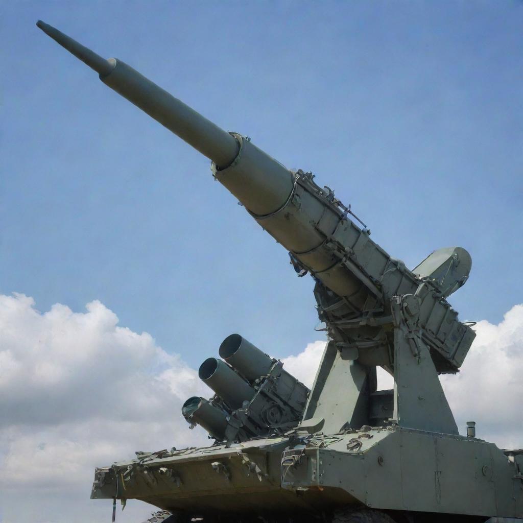 A formidable anti-aircraft weapon system, intricately detailed and standing ready against a backdrop of an open sky.