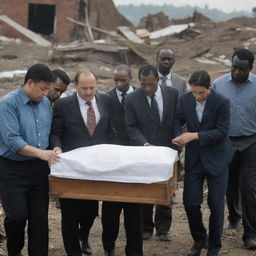 In a scene of shared grief and community, the city's survivors come together to gently carry the body of the weeping man's mother amid the wreckage