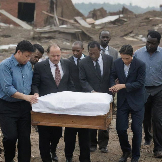 In a scene of shared grief and community, the city's survivors come together to gently carry the body of the weeping man's mother amid the wreckage