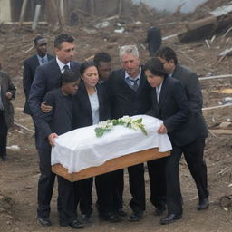 In a scene of shared grief and community, the city's survivors come together to gently carry the body of the weeping man's mother amid the wreckage