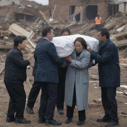 In a scene of shared grief and community, the city's survivors come together to gently carry the body of the weeping man's mother amid the wreckage