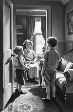 An old black and white painting depicting a heartfelt scene of a young boy leaving his home