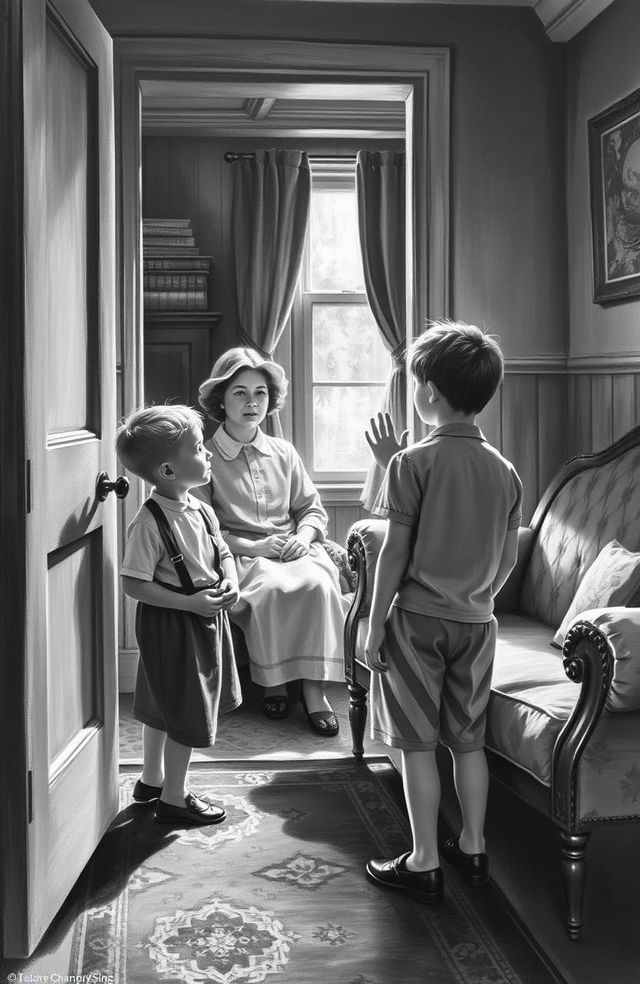 An old black and white painting depicting a heartfelt scene of a young boy leaving his home