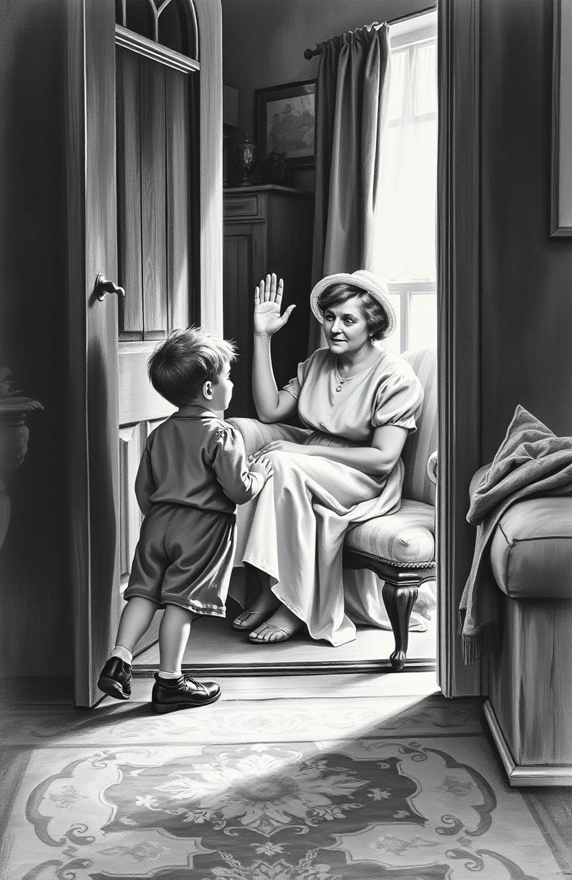 An old black and white painting depicting a heartfelt scene of a young boy leaving his home