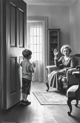 An old black and white painting depicting a heartfelt scene of a young boy leaving his home