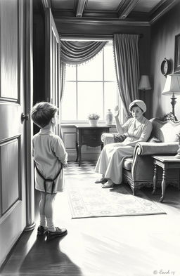 An old black and white painting depicting a heartfelt scene of a young boy leaving his home
