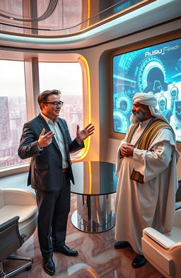 A surreal and imaginative scene depicting a fictional meeting between Elon Musk and a charismatic Taliban leader in a lavish, futuristic conference room