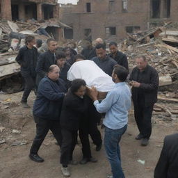 In a scene of shared grief and community, the city's survivors come together to gently carry the body of the weeping man's mother amid the wreckage