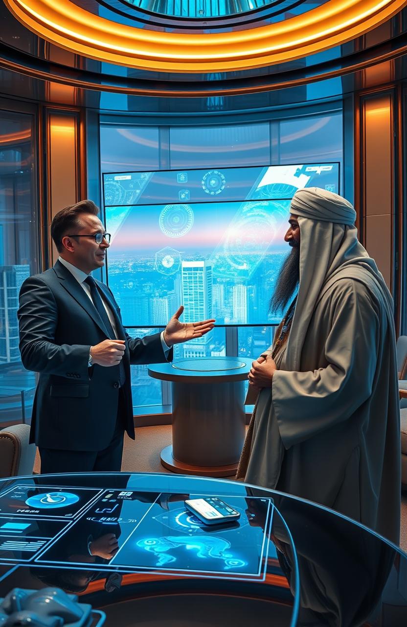 A surreal and imaginative scene depicting a fictional meeting between Elon Musk and a charismatic Taliban leader in a lavish, futuristic conference room