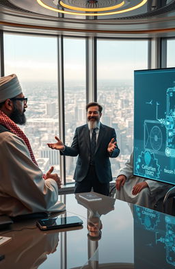 A surreal and imaginative scene depicting a fictional meeting between Elon Musk and a charismatic Taliban leader in a lavish, futuristic conference room