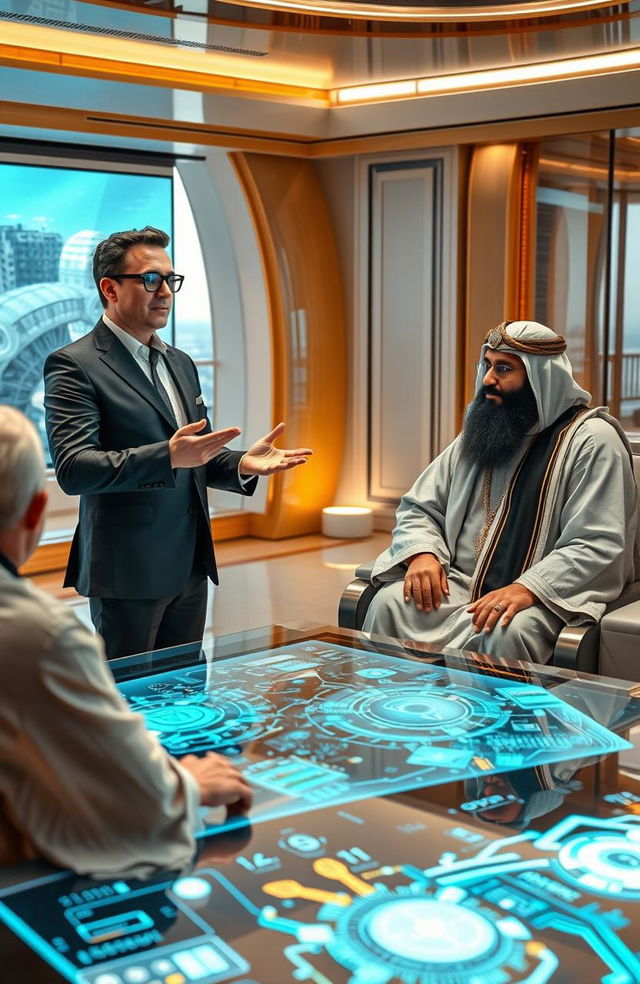 A surreal and imaginative scene depicting a fictional meeting between Elon Musk and a charismatic Taliban leader in a lavish, futuristic conference room