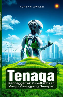 A futuristic book cover design for the topic 'Tenaga: Penggerak Perubahan Menuju Masa Depan yang Mampan'