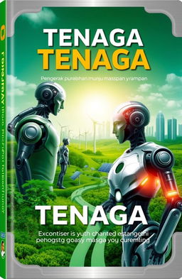 A futuristic book cover design for the topic 'Tenaga: Penggerak Perubahan Menuju Masa Depan yang Mampan'