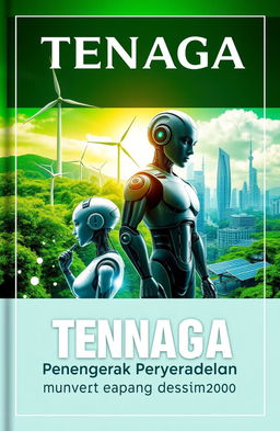 A futuristic book cover design for the topic 'Tenaga: Penggerak Perubahan Menuju Masa Depan yang Mampan'