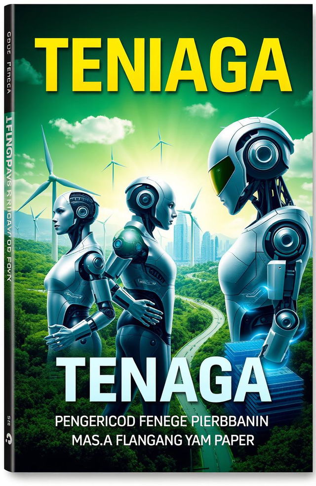 A futuristic book cover design for the topic 'Tenaga: Penggerak Perubahan Menuju Masa Depan yang Mampan'